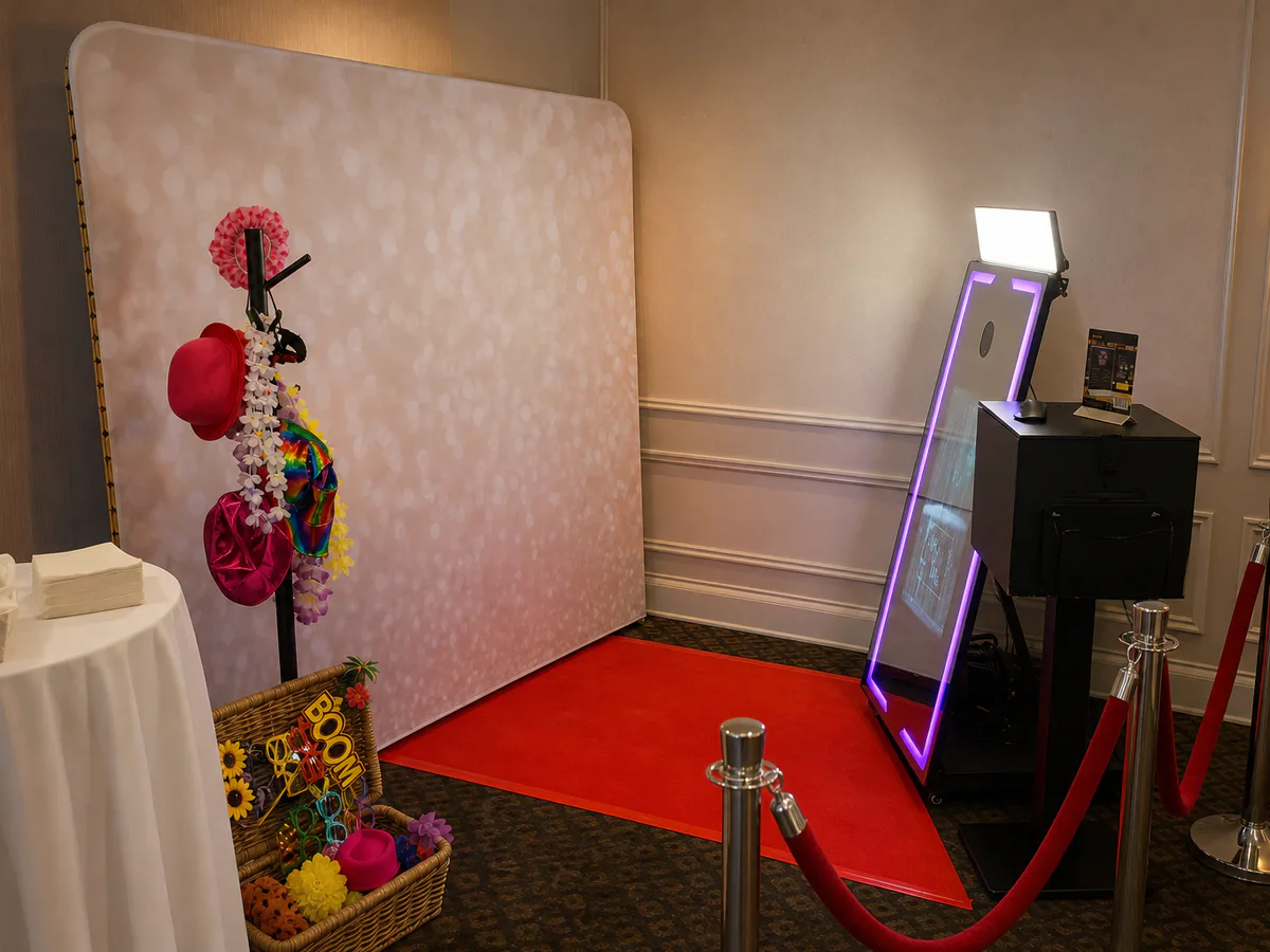 Complete D&D Mirror Booth-opstelling met achtergrond, printer, rode loper, afzetpalen en feestprops.