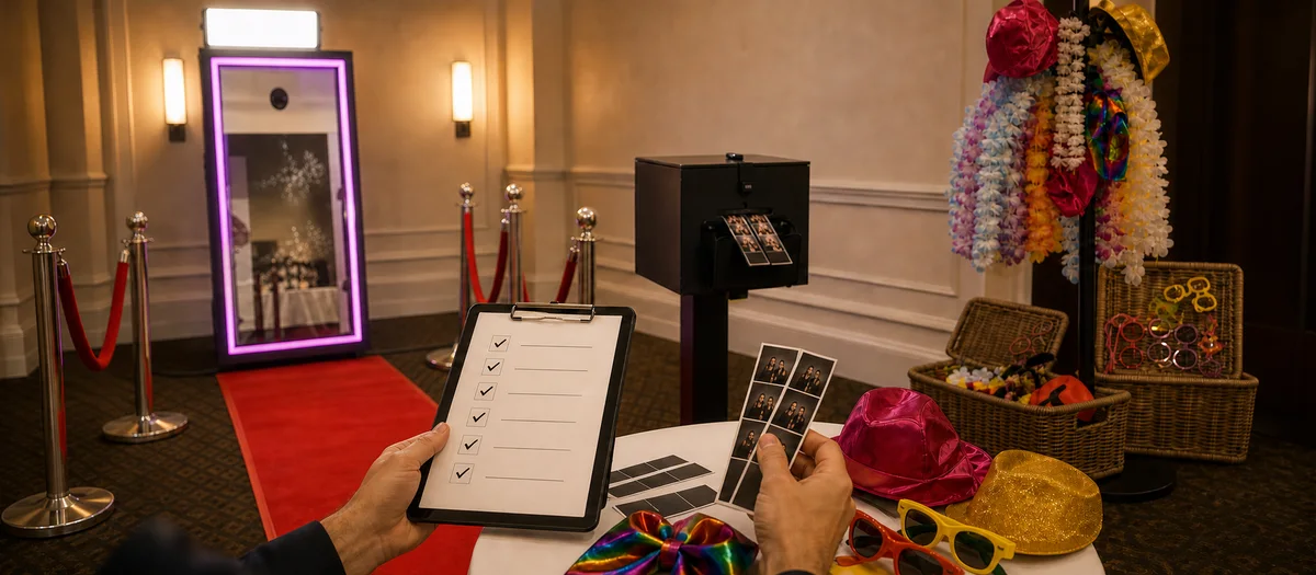Handen controleren de voorbereide Mirror Booth-opstelling met fotostrips en props.