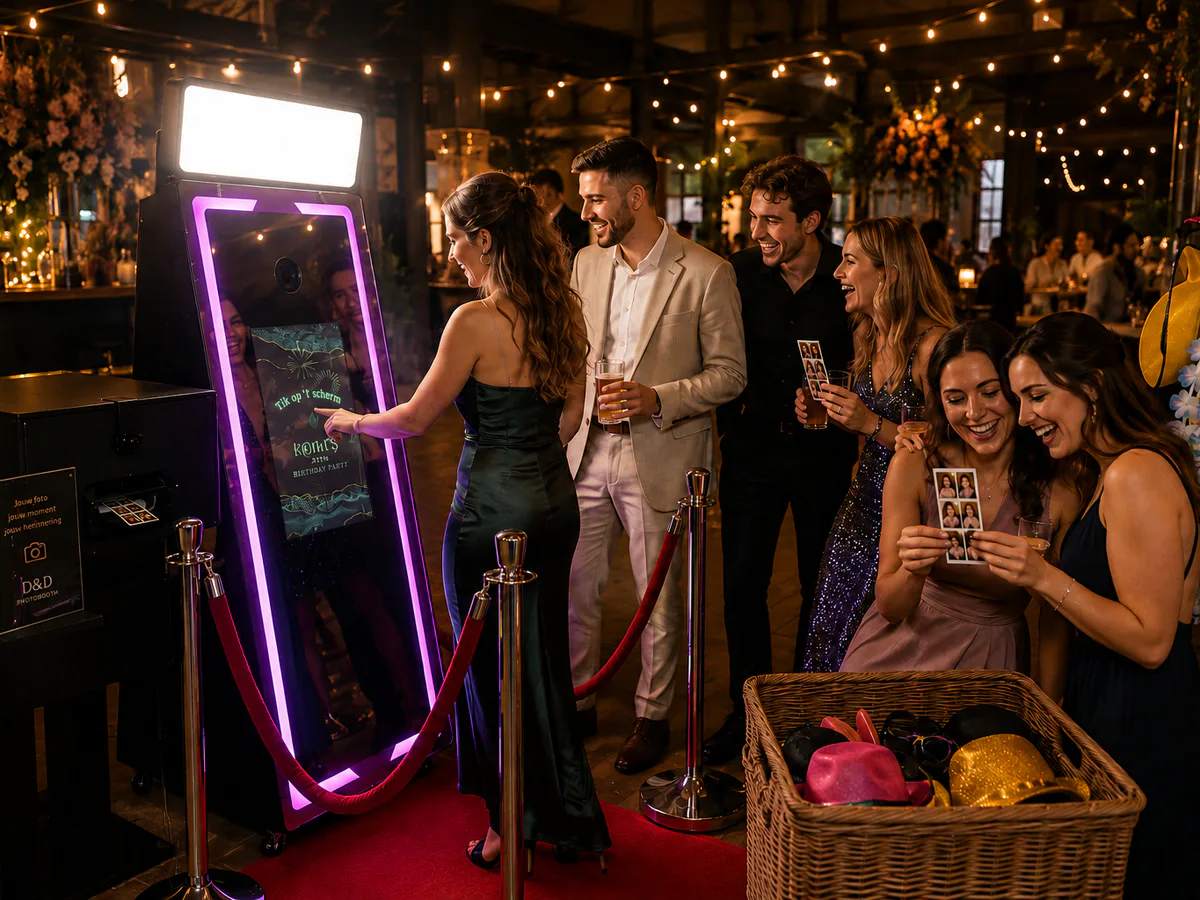 Gasten gebruiken lachend de Mirror Booth tijdens een feest.