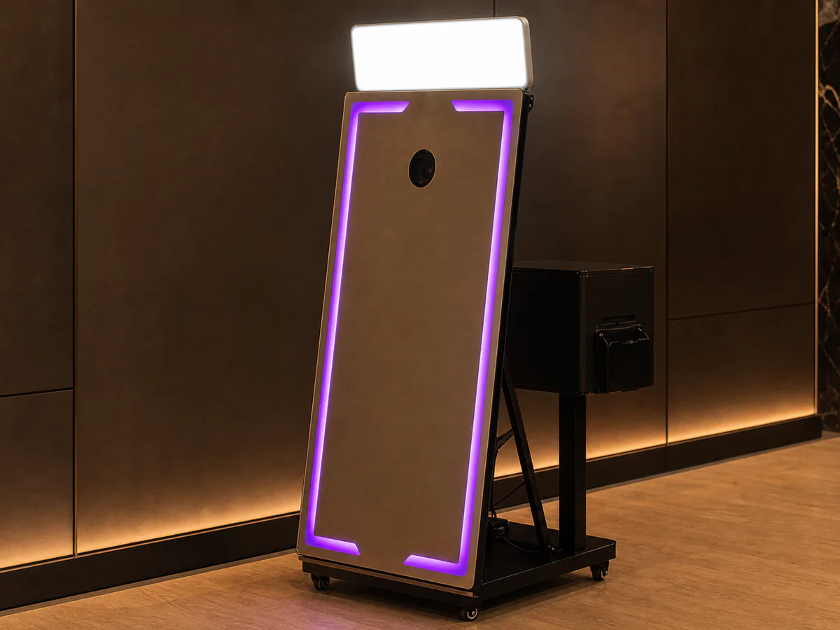 D&D Mirror Booth met paarse LED-rand en printeropstelling.