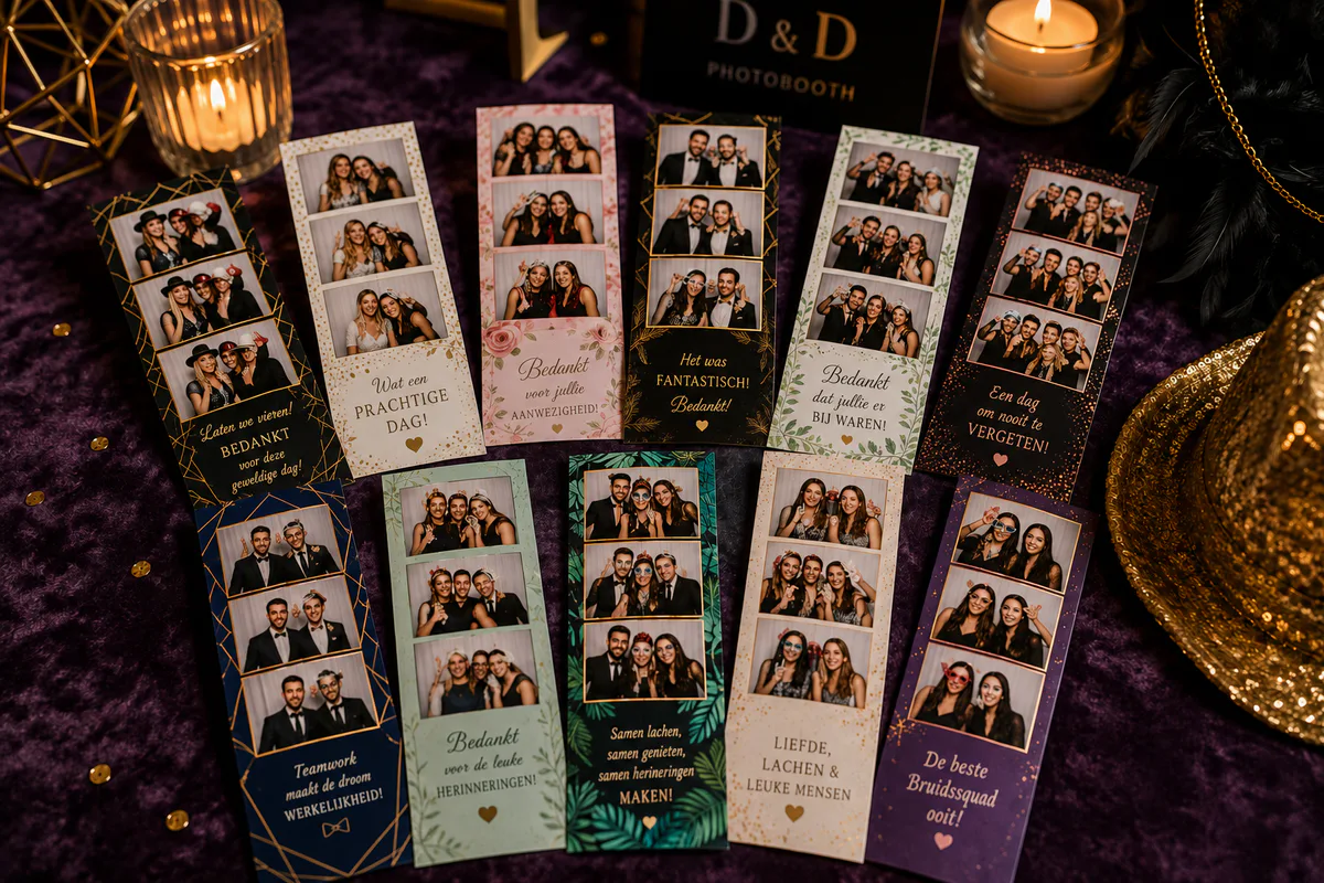 Gepersonaliseerde fotostrips uitgestald op een tafel tijdens een evenement.